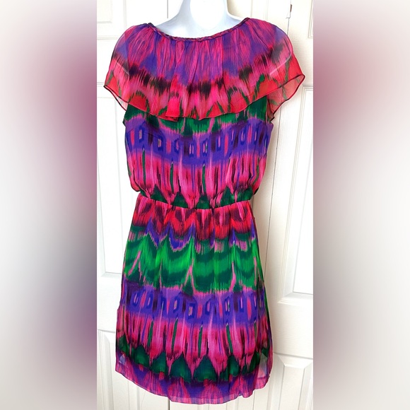 TRINA TURK Ruffle Dress Braided Neckline Colorful Eclectic Printed Jewel Tones - Picture 8 of 11